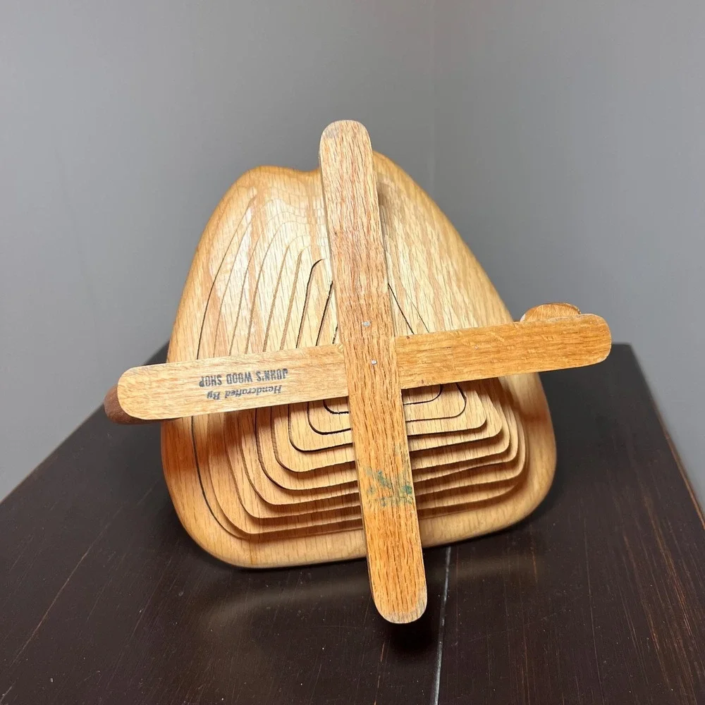 Handcrafted Wooden Apple Collapsible Basket Fold Flat Fruit Bowl Rustic Country